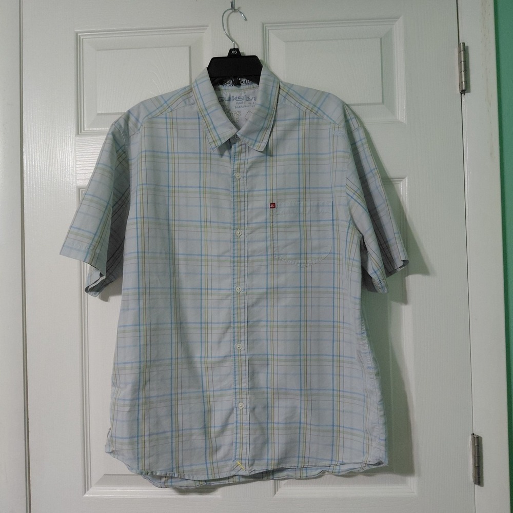 Quicksilver Shirt Mens XLarge Light Gray Button Up Plaid Surf Beach Skate Y2K